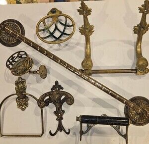 Rare 1910 Antique Solid Brass Bathroom Suite - 7 PC "Dolphin & Rope" Master Set